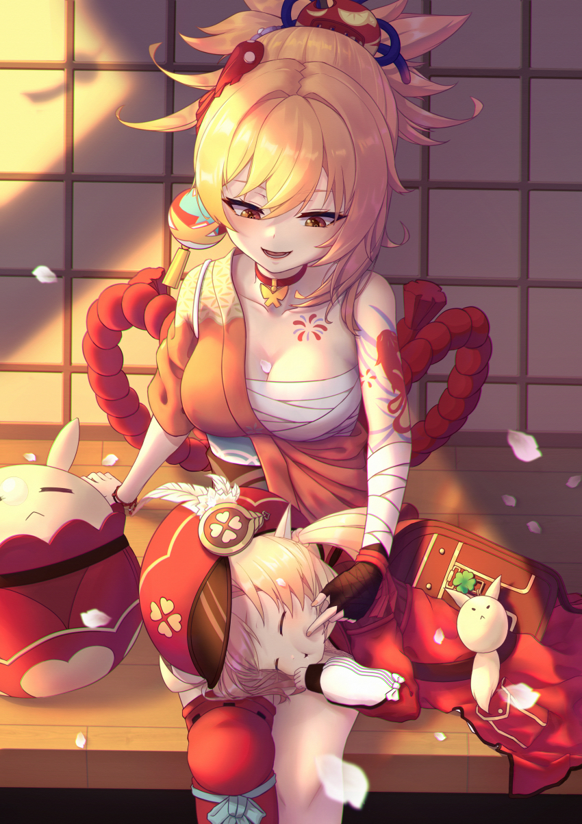 2girls, absurdres, ahoge, arm_support, arm_tattoo, backpack, bag, bag_charm