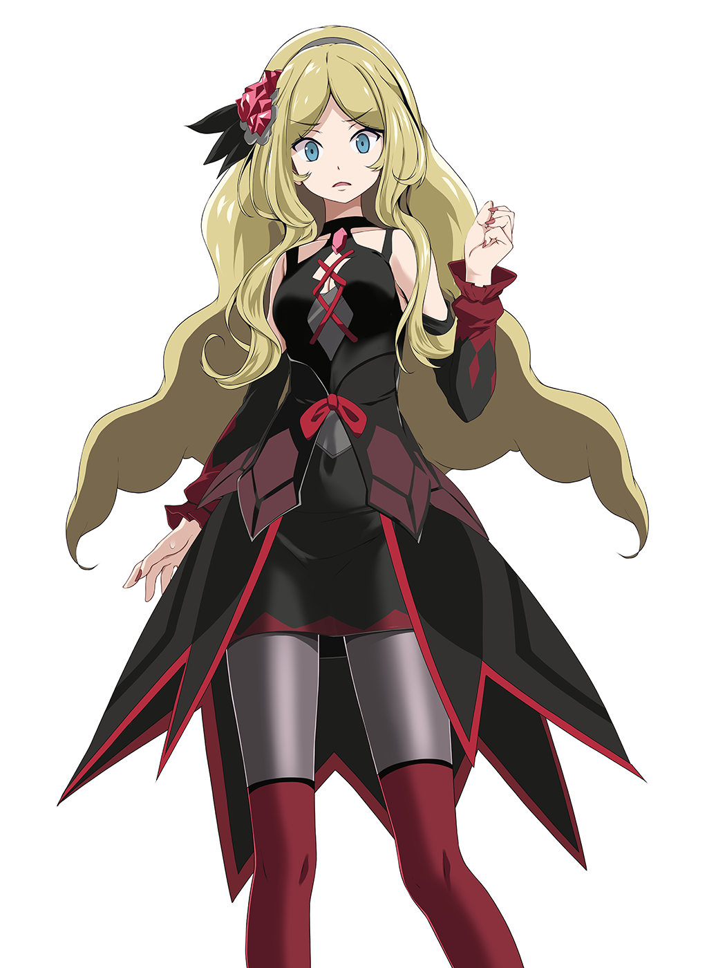 1girl, black_skirt, black_sleeves, blonde_hair, blue_eyes, breasts, caitlin_(fall_2021)_(pokemon), caitlin_(pokemon)