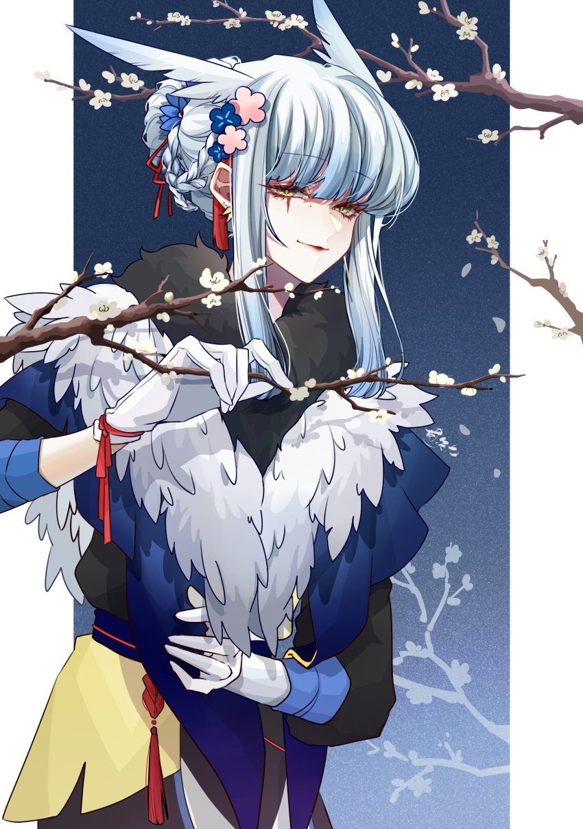 1girl, absurdres, blunt_bangs, braid, braided_bangs, cherry_blossoms, chinese_clothes, eyeliner, facial_mark, flower, fur, fur_jacket, ganshijiu, gloves, grey_hair, highres, jacket, makeup, mimizuku_(sky:_children_of_the_light), pink_flower, pointy_hair, ponytail, red_lips, sidelocks, sky:_children_of_the_light, solo, tassel, white_gloves, white_hair