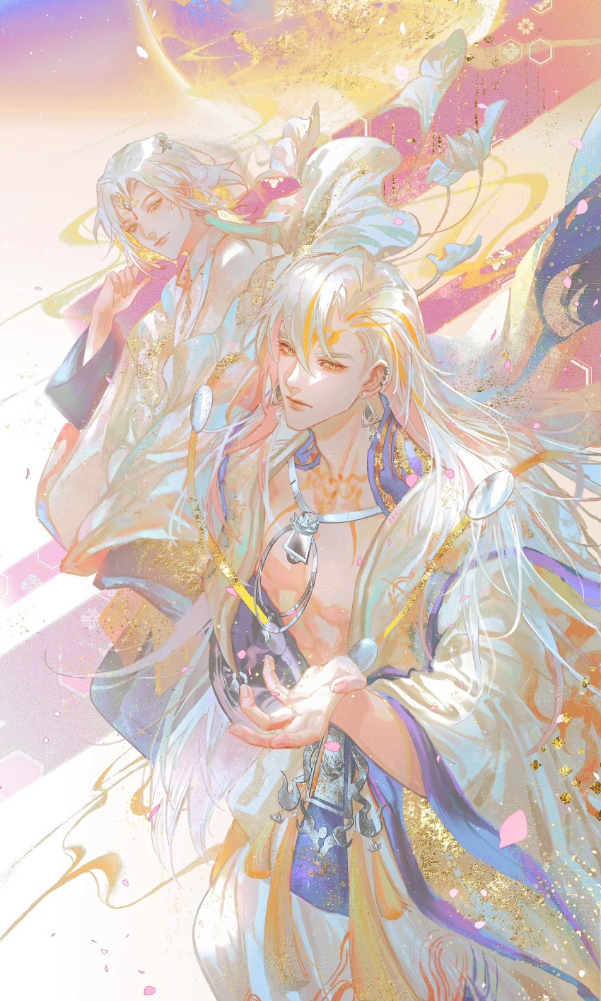 2boys, absurdres, asura_(onmyoji), bare_pectorals, bishounen, blonde_hair, couple, earrings