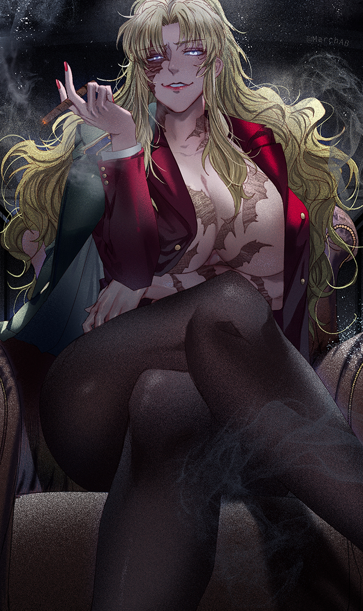1girl, balalaika_(black_lagoon), black_lagoon, blonde_hair, breast_hold, breasts, chair, cigar
