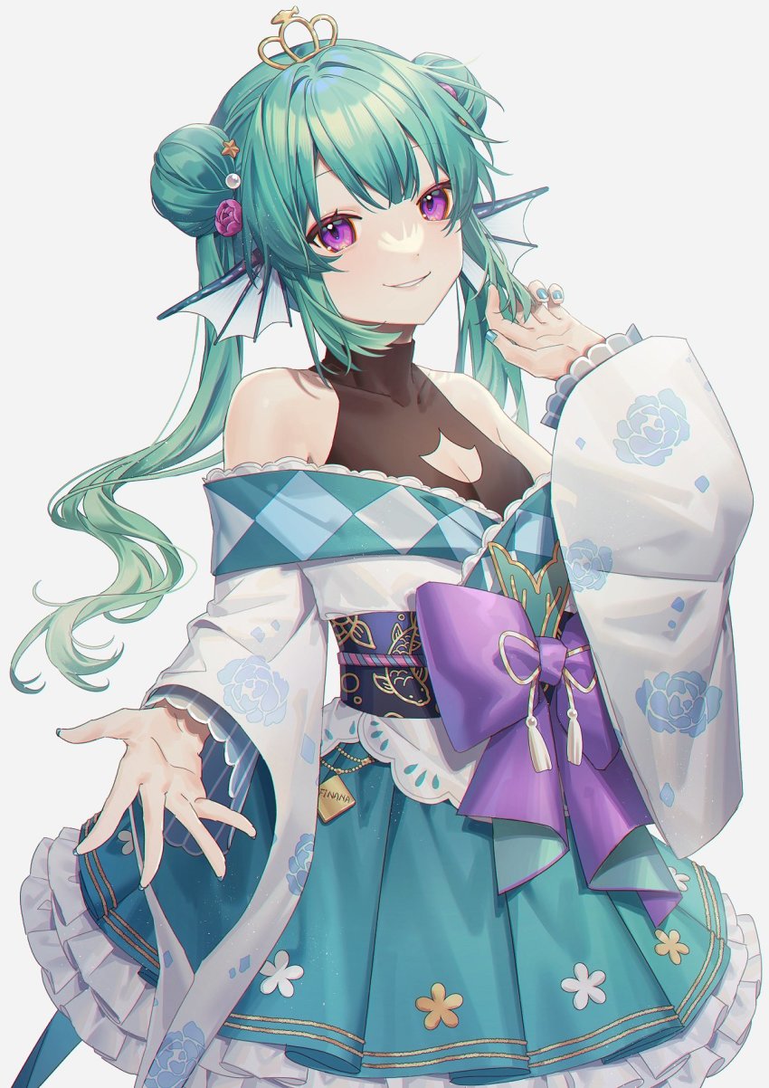 1girl, aqua_hair, aqua_nails, aqua_skirt, bare_shoulders, bow, double_bun, finana_ryugu