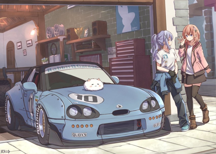 2girls, aged_up, baronilu, black_pants, black_thighhighs, blue_eyes, blue_footwear, blue_hair, blush, boots, brick_wall, brown_footwear, car, day, flower, garage, gochuumon_wa_usagi_desu_ka?, hair_flower, hair_ornament, hairclip, hand_up, hood, hoodie, hoto_cocoa, kafuu_chino, knees_together_feet_apart, light, motor_vehicle, multiple_girls, name_connection, object_namesake, open_hand, orange_hair, outdoors, pants, pink_hoodie, ponytail, poster_(object), purple_eyes, race_vehicle, racecar, shirt, short_hair, side-view_mirror, signature, smile, thighhighs, tile_floor, tiles, tippy_(gochiusa), toolbox, vehicle_focus, white_shirt