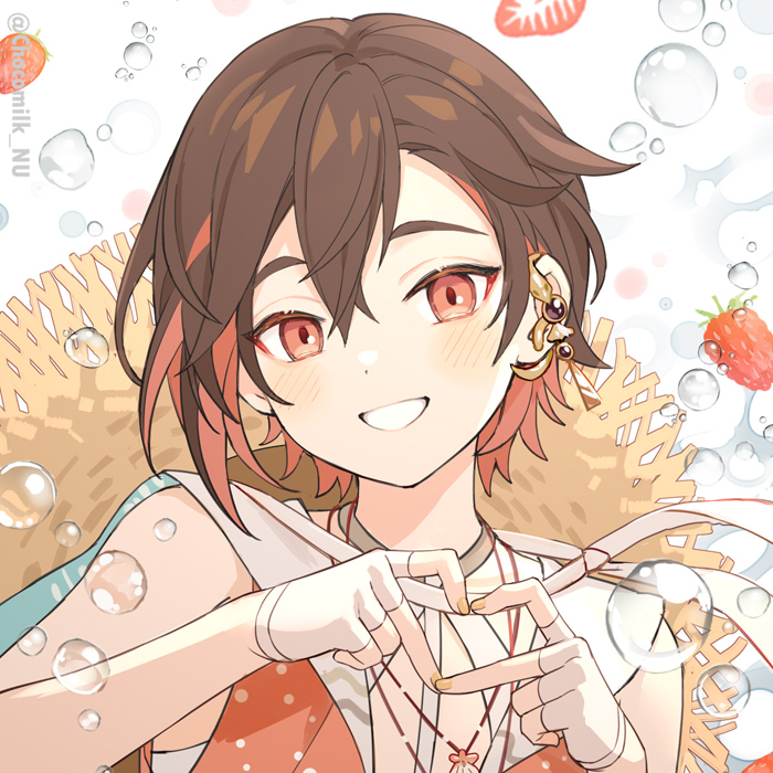 1boy, aged_down, blush, brown_hair, chocomilk_nu, colored_inner_hair, ear_piercing, fingerless_gloves