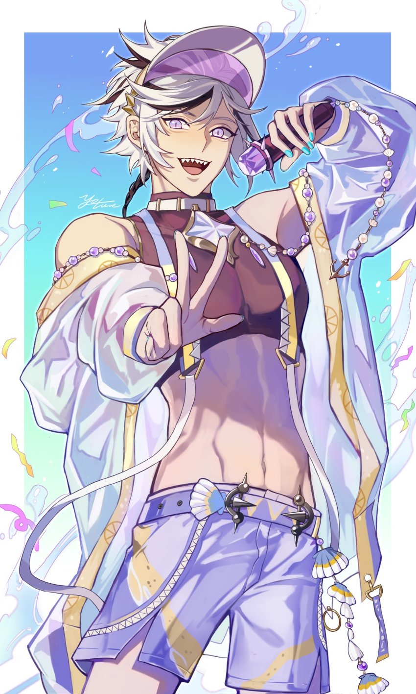 1boy, black_hair, blade_(idol_apprentice)_(nu_carnival), blade_(nu_carnival), blue_nails, confetti, crop_top, highres