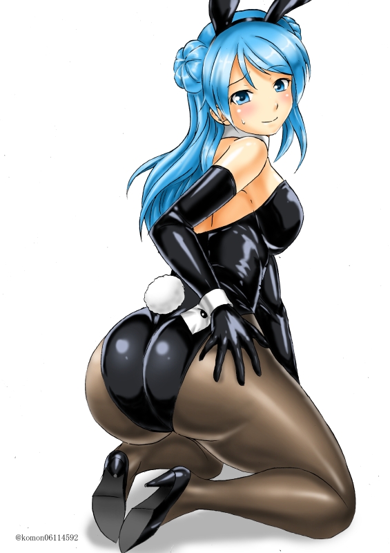 1girl, animal_ears, ass, black_gloves, black_leotard, blue_eyes, blue_hair, breasts