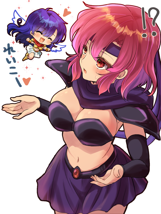 !?, 2girls, angel_wings, armor, asou_yuuko, bandana, bikini, bikini_armor, blue_hair, blush, breasts, chibi, cleavage, commentary_request, cowboy_shot, dark_valis, gold_armor, gold_bikini, hamaneko29q, happy, headband, heart, kirishima_reiko, large_breasts, long_hair, midriff, miniskirt, mugen_senshi_valis, multiple_girls, navel, open_mouth, purple_armor, purple_bandana, purple_bikini, purple_headband, purple_scarf, purple_skirt, red_bandana, red_eyes, red_hair, red_scarf, scarf, short_hair, shoulder_pads, simple_background, skirt, stomach, sweatdrop, swimsuit, translation_request, valis, vambraces, very_long_hair, white_background, white_skirt, wings