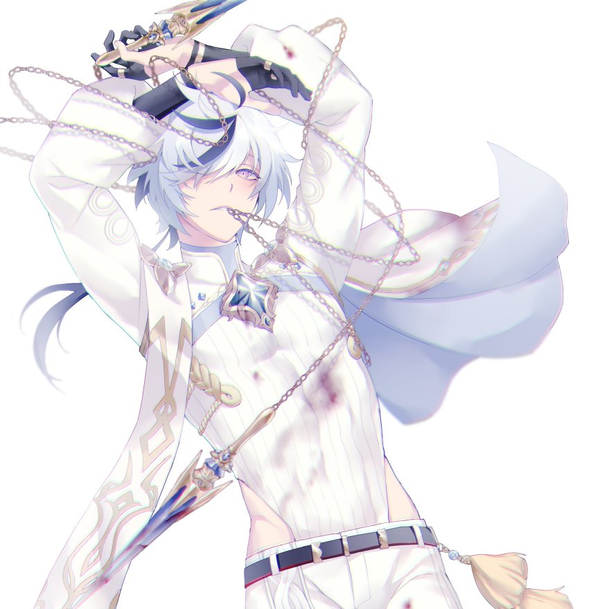 1boy, bad_id, bad_twitter_id, black_gloves, black_hair, blade_(nu_carnival), bodysuit, chain, fingerless_gloves, gem, gloves, hair_over_one_eye, highres, holding, holding_weapon, jewelry, long_sleeves, looking_at_viewer, male_focus, multicolored_hair, nu_carnival, nu_xxxxx, purple_eyes, ring, short_hair, simple_background, streaked_hair, tassel, weapon, white_background, white_bodysuit, white_hair