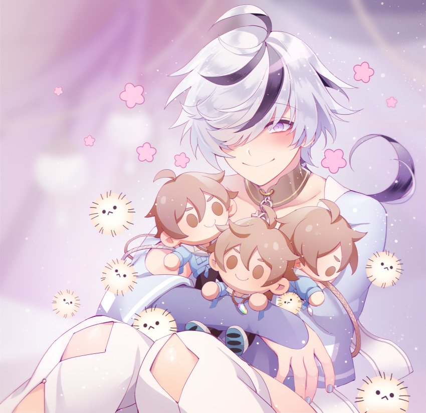 1boy, absurdres, bad_id, bad_twitter_id, black_hair, blade_(nu_carnival), blush, character_doll, doll, eiden_(nu_carnival), gem, grey_nails, hair_over_one_eye, highres, hugging_doll, hugging_object, long_sleeves, looking_at_viewer, male_focus, multicolored_hair, nail_polish, nu_carnival, nu_xxxxx, purple_eyes, short_hair, streaked_hair, white_hair