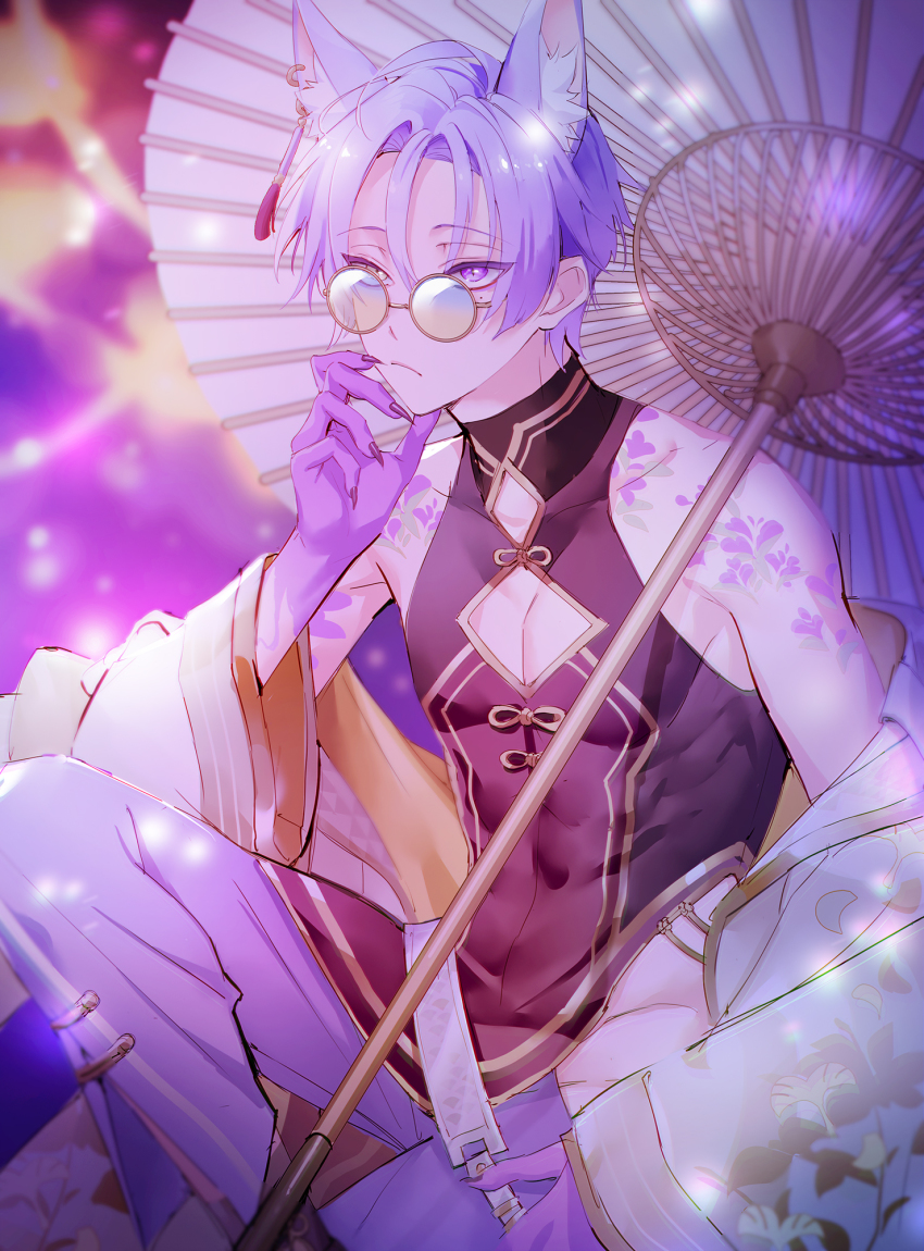 1boy, abs, animal_ears, bad_id, bad_twitter_id, bare_shoulders, ear_piercing, earrings, flower_tattoo, fox_boy, fox_ears, frown, ginkgo_leaf, heterochromia, highres, japanese_clothes, jewelry, kimono, kuya_(kitsune_dream)_(nu_carnival), kuya_(nu_carnival), leaf, long_sleeves, looking_at_viewer, male_focus, mole, mole_under_eye, nu_carnival, nu_xxxxx, pectorals, piercing, print_kimono, purple_eyes, purple_hair, short_hair, shoulder_tattoo, tassel, tassel_earrings, tattoo, umbrella, yellow_eyes