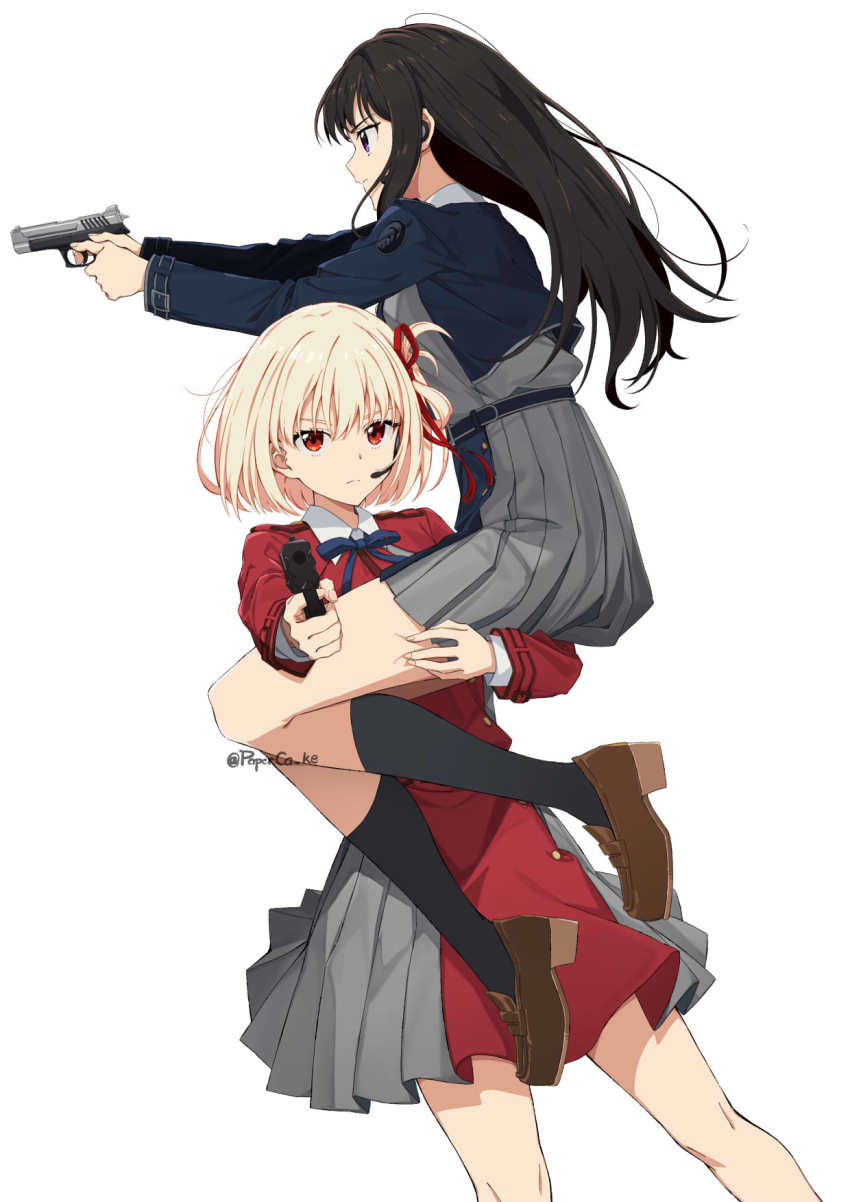 2girls, bag, black_hair, blonde_hair, commentary, commentary_request, dress, english_commentary, finger_on_trigger, gun, hair_ribbon, handgun, highres, hug, inoue_takina, long_hair, lycoris_recoil, multiple_girls, nishikigi_chisato, paperca-ke, partial_commentary, purple_eyes, red_eyes, red_ribbon, ribbon, short_hair, simple_background, smith_&amp;_wesson_m&amp;p, two-tone_dress, weapon, white_background, yuri