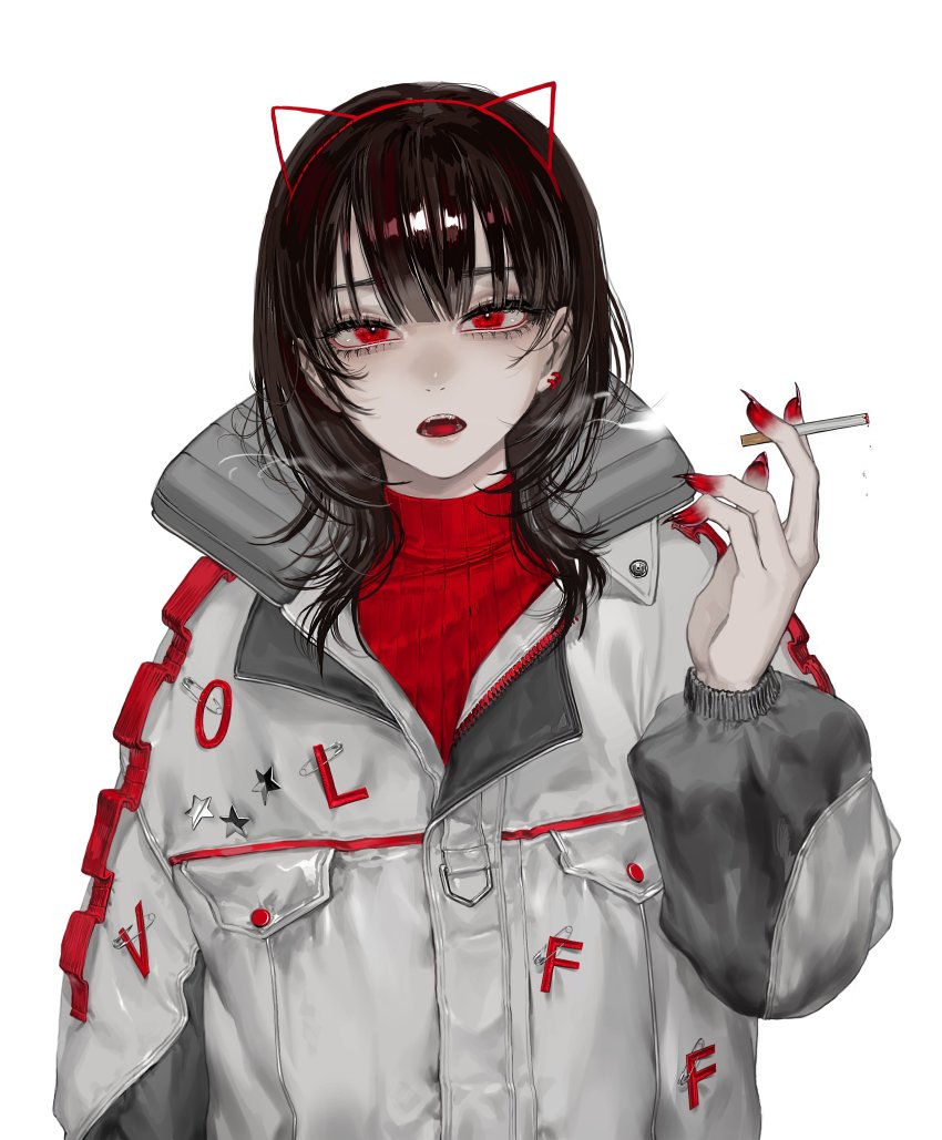1girl, absurdres, animal_ears, black_hair, blunt_bangs, cat_ears, cigarette, earrings, fingernails, highres, holding, holding_cigarette, jacket, jewelry, looking_at_viewer, medium_hair, nail_polish, open_mouth, original, puffy_sleeves, red_eyes, red_nails, red_sweater, sharp_fingernails, smoking, solo, star_(symbol), sweater, upper_body, volff, white_background