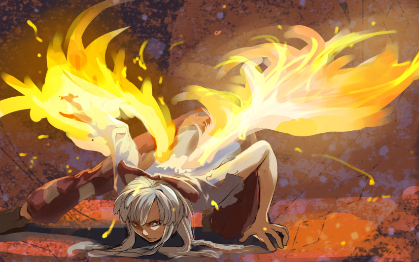 1girl, all_fours, bow, closed_mouth, commentary_request, fiery_wings, fujiwara_no_mokou, full_body