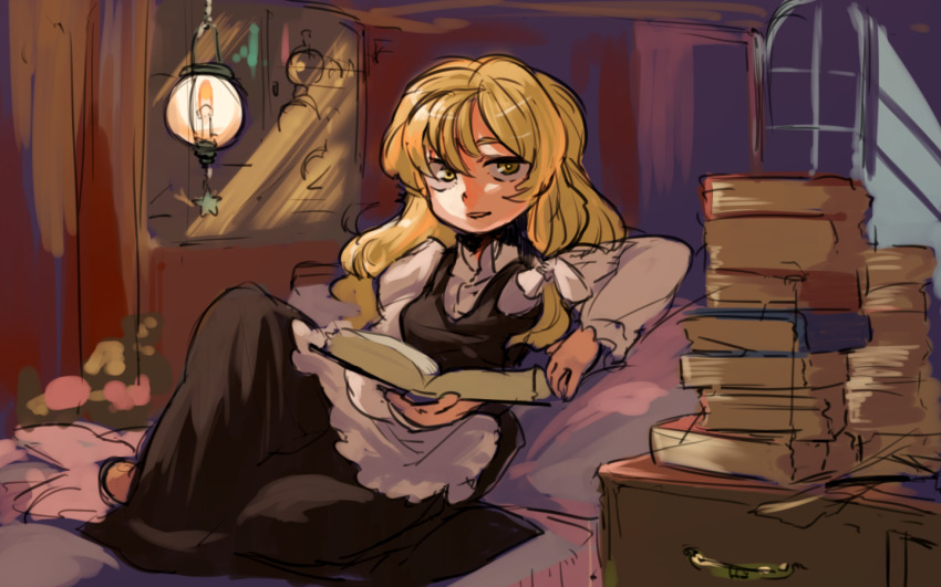 1girl, apron, bed, black_skirt, black_vest, blonde_hair, book, book_stack