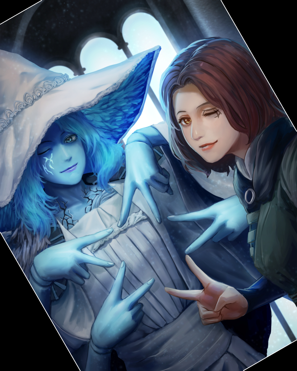 2girls, black_cape, black_sleeves, blue_hair, blue_skin, brown_hair, cape, cloak, closed_mouth, colored_skin, commentary_request, cracked_skin, crypthiyama, doll_joints, dress, elden_ring, extra_arms, facial_tattoo, fingernails, fur_cloak, glowing, glowing_tattoo, green_dress, hat, highres, indoors, joints, large_hat, lips, long_hair, long_sleeves, looking_at_viewer, melina_(elden_ring), multiple_girls, one_eye_closed, pink_lips, purple_lips, ranni_the_witch, selfie, short_hair, smile, star_hands, tattoo, upper_body, v, white_dress, white_headwear, wide_sleeves, witch, witch_hat, yellow_eyes
