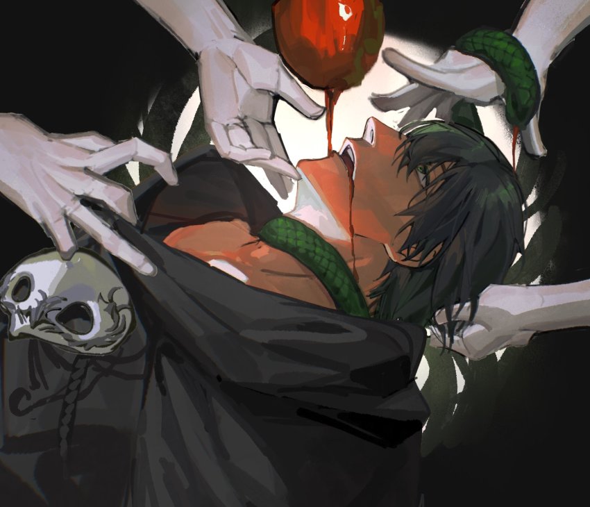 1boy, apple, black_background, clothes_grab, dripping, expressionless, final_fantasy, final_fantasy_xiv