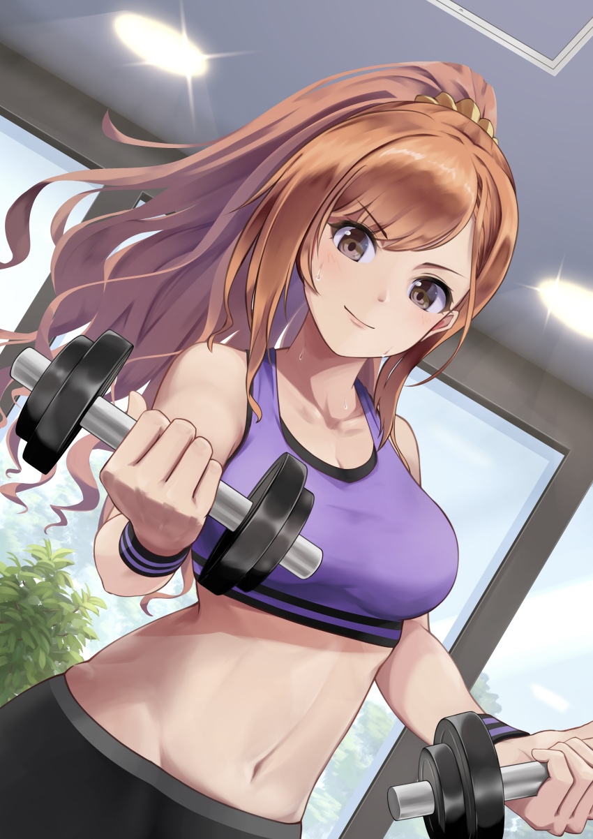 1girl, absurdres, arisugawa_natsuha, black_eyes, black_pants, blush, bra, breasts, ceiling, ceiling_light, cleavage, collarbone, dumbbell, dutch_angle, exercising, eyebrows_hidden_by_hair, groin, hair_ornament, hair_scrunchie, high_ponytail, highres, idolmaster, idolmaster_shiny_colors, indoors, long_hair, looking_at_viewer, medium_breasts, navel, orange_hair, orange_scrunchie, out_of_frame, painapo, pants, plant, ponytail, potted_plant, purple_bra, scrunchie, sidelocks, sleeveless, smile, solo, sports_bra, sportswear, sweat, underwear, window, wristband, yoga_pants