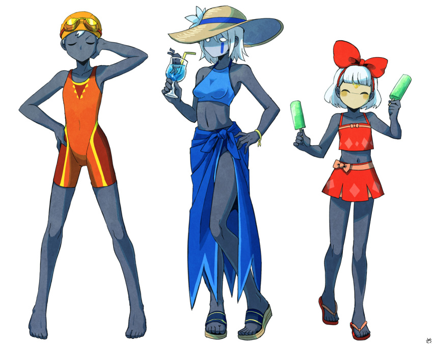 3girls, ^_^, aizawa_sachi, arm_behind_head, barefoot, bikini, bikini_top_only, bow