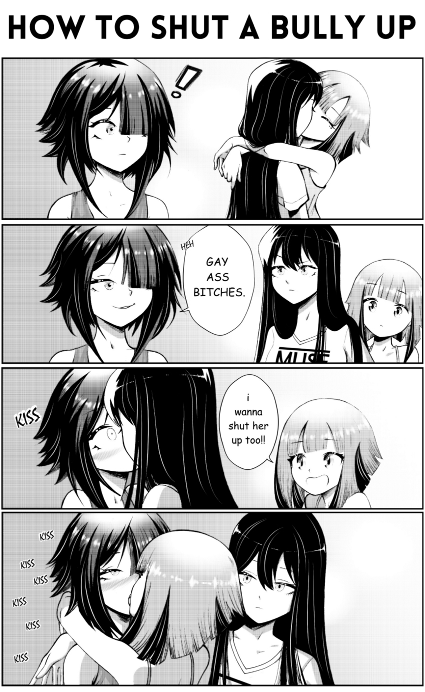!, 3girls, 4koma, arms_around_neck, band_shirt, blush, closed_eyes, comic