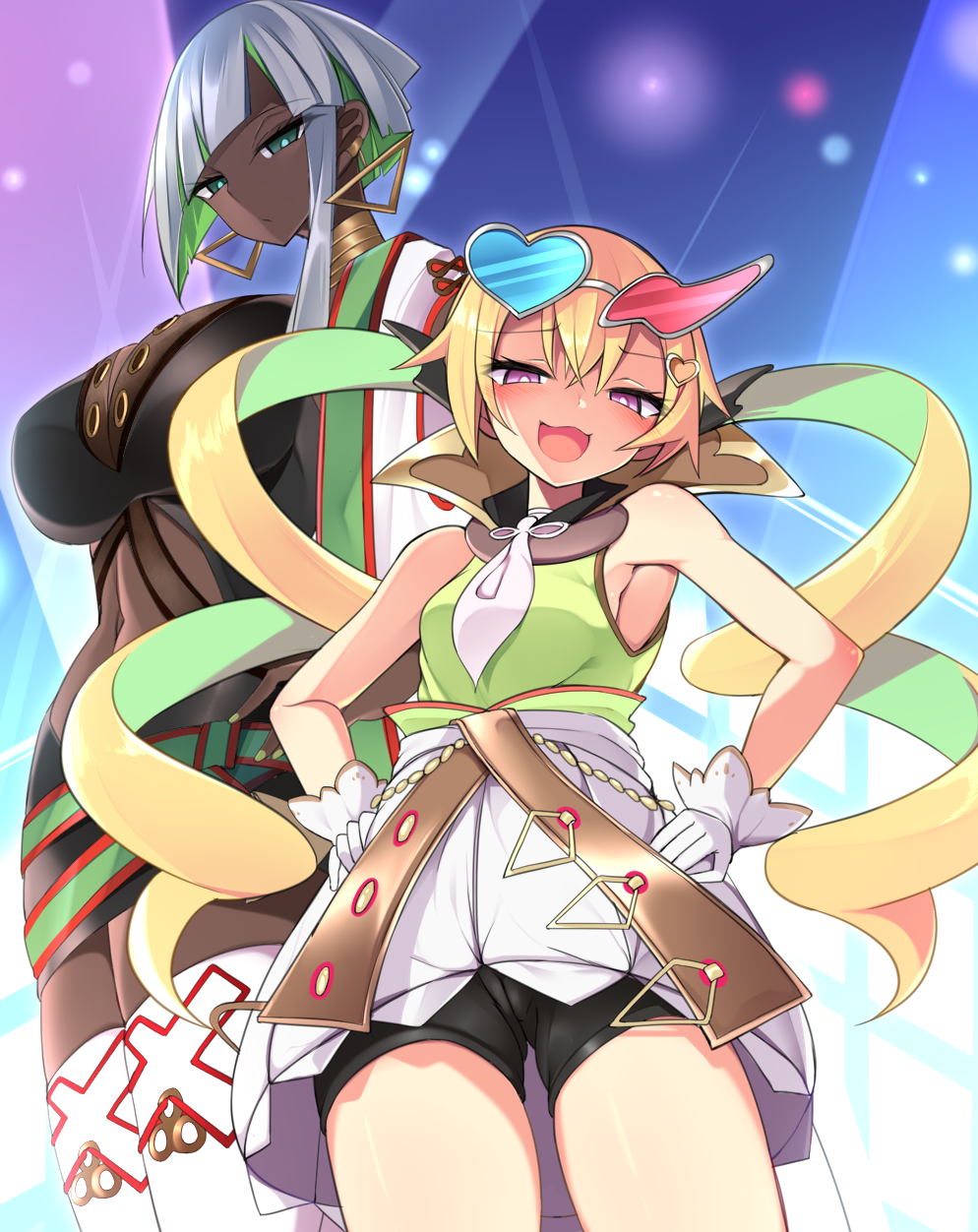 2girls, :d, aqua_eyes, armpits, bare_shoulders, bike_shorts, bike_shorts_under_skirt, black_dress