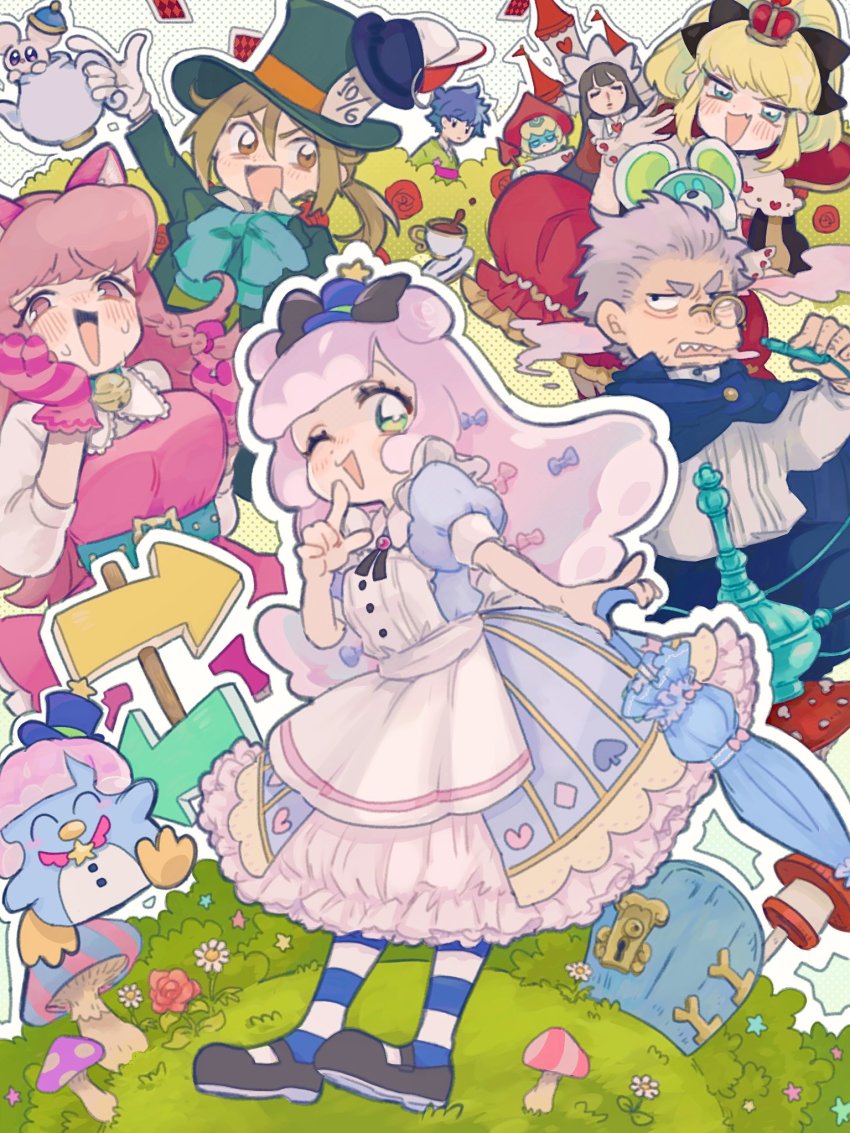 alice_(alice_in_wonderland), bird, blonde_hair, blunt_bangs, brown_eyes, brown_hair, bubbly_rich_girl_kawaii_puniru, castle