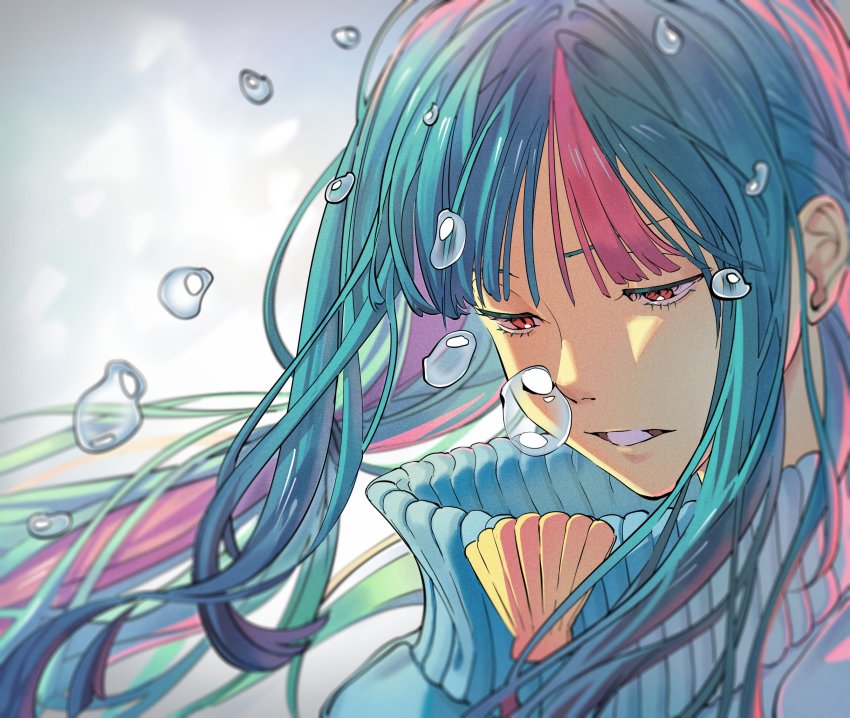 1girl, absurdres, ai_the_somnium_files, ai_the_somnium_files:_nirvana_initiative, blue_hair, blue_sweater, doi_amame, high_collar, highres, long_hair, multicolored_hair, open_mouth, pink_hair, portrait, red_eyes, shioajiass, solo, sweater, two-tone_hair, water_drop, white_background