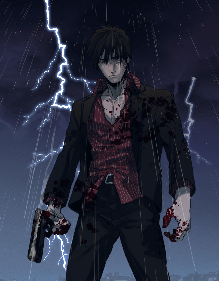 1boy, absurdres, ai_the_somnium_files, black_eyes, black_hair, black_jacket, black_pants, blood, blood_on_clothes, blood_on_face, blood_on_hands, closed_mouth, collarbone, collared_shirt, cowboy_shot, falco_(ai_the_somnium_files), gun, hair_between_eyes, handgun, highres, holding, holding_gun, holding_weapon, hongjiupingzi, jacket, lightning, long_sleeves, male_focus, outdoors, pants, partially_unbuttoned, rain, red_shirt, shirt, short_hair, solo, standing, weapon