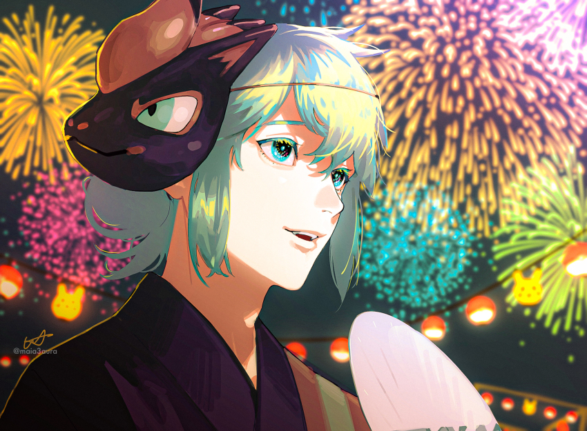1boy, blurry, commentary_request, fireworks, green_eyes, green_hair, highres, japanese_clothes