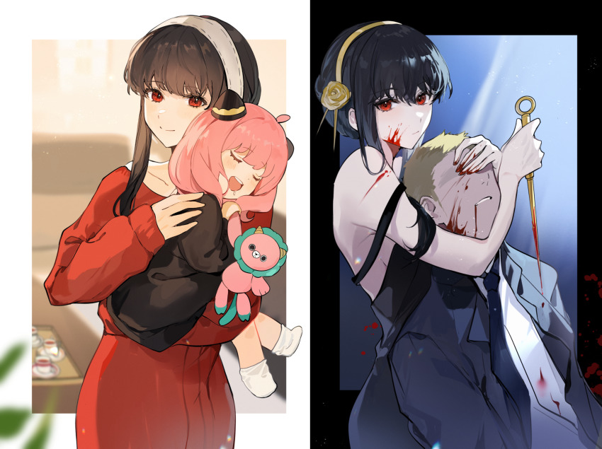 1boy, 2girls, anya_(spy_x_family), bare_shoulders, black_dress, black_hair, blonde_hair, blood, blood_on_face, blood_on_hands, bloody_weapon, blurry, blurry_background, carrying, child, child_carry, closed_eyes, comparison, cup, day_and_night, death, depth_of_field, director_chimera_(spy_x_family), dress, drooling, earrings, etiv, fake_horns, flower, formal_clothes, hair_flower, hair_ornament, hairband, hand_on_another's_head, hand_on_another's_shoulder, hand_up, highres, holding, holding_weapon, horns, jewelry, light_particles, long_hair, long_sleeves, looking_at_viewer, medium_hair, motherly, multiple_girls, multiple_views, murder, no_eyes, no_shoes, off-shoulder_dress, off-shoulder_sweater, off_shoulder, open_mouth, pink_hair, red_dress, red_eyes, red_sweater, reverse_grip, rose, saucer, sidelocks, sleeping, sleeveless, sleeveless_dress, smile, socks, spikes, spy_x_family, strangling, strap_slip, stuffed_toy, suit, sweater, sweater_dress, table, tea, teacup, updo, weapon, white_socks, yellow_flower, yellow_rose, yor_briar