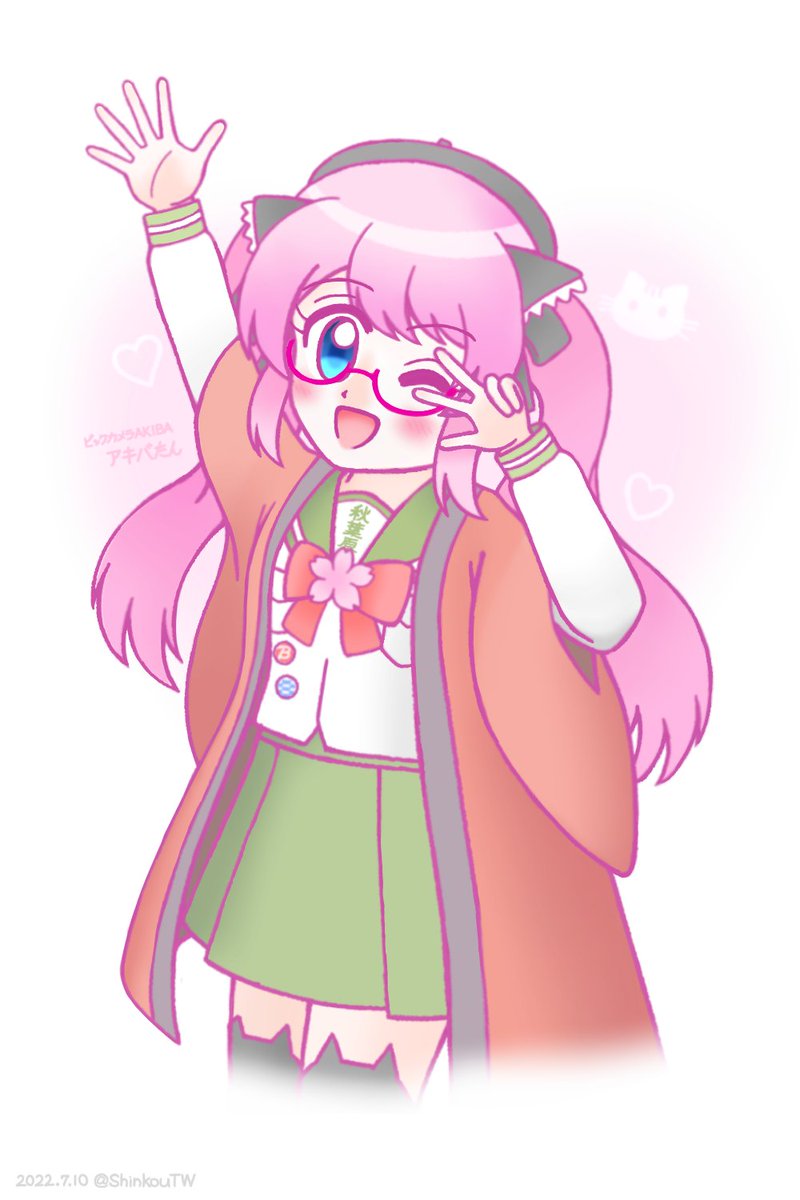 1girl, akiba-tan, green_skirt, highres, pink_hair, school_uniform, skirt, twintails