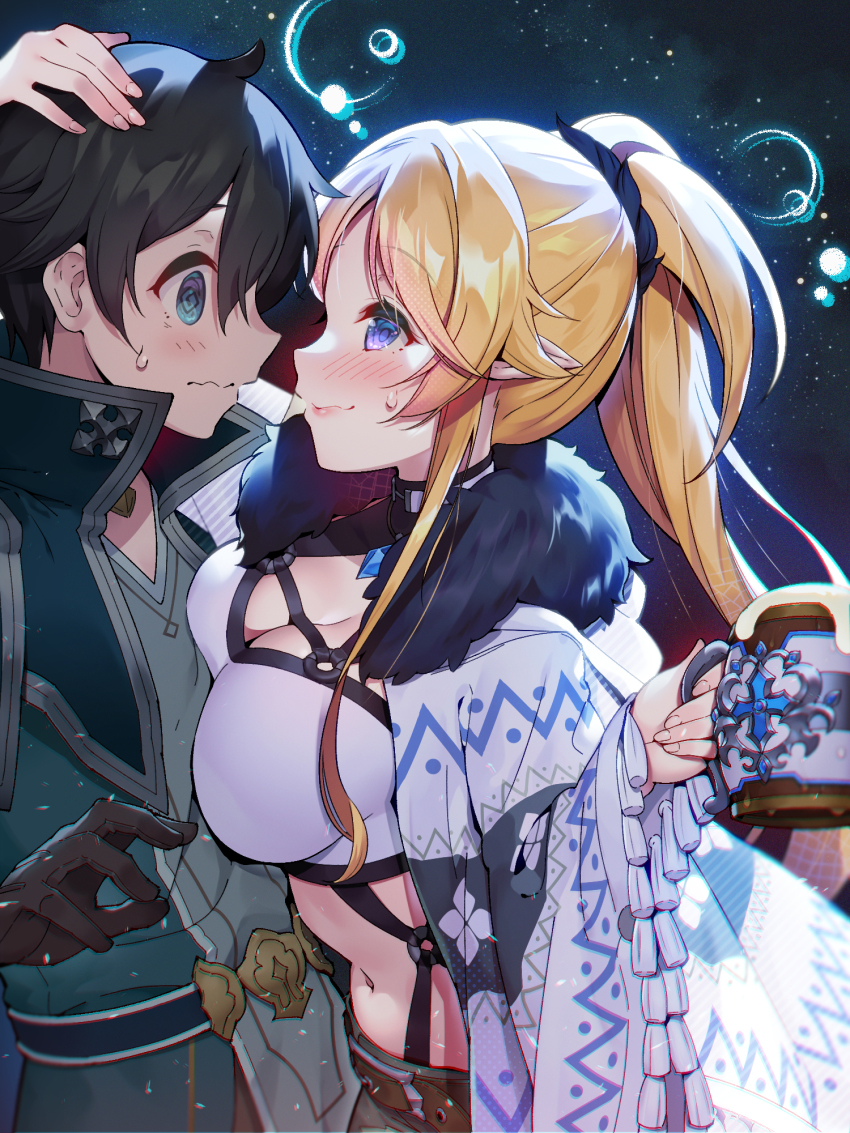 breasts, cup, hand_on_another's_head, highres, moguru, mug, ponytail, princess_connect!