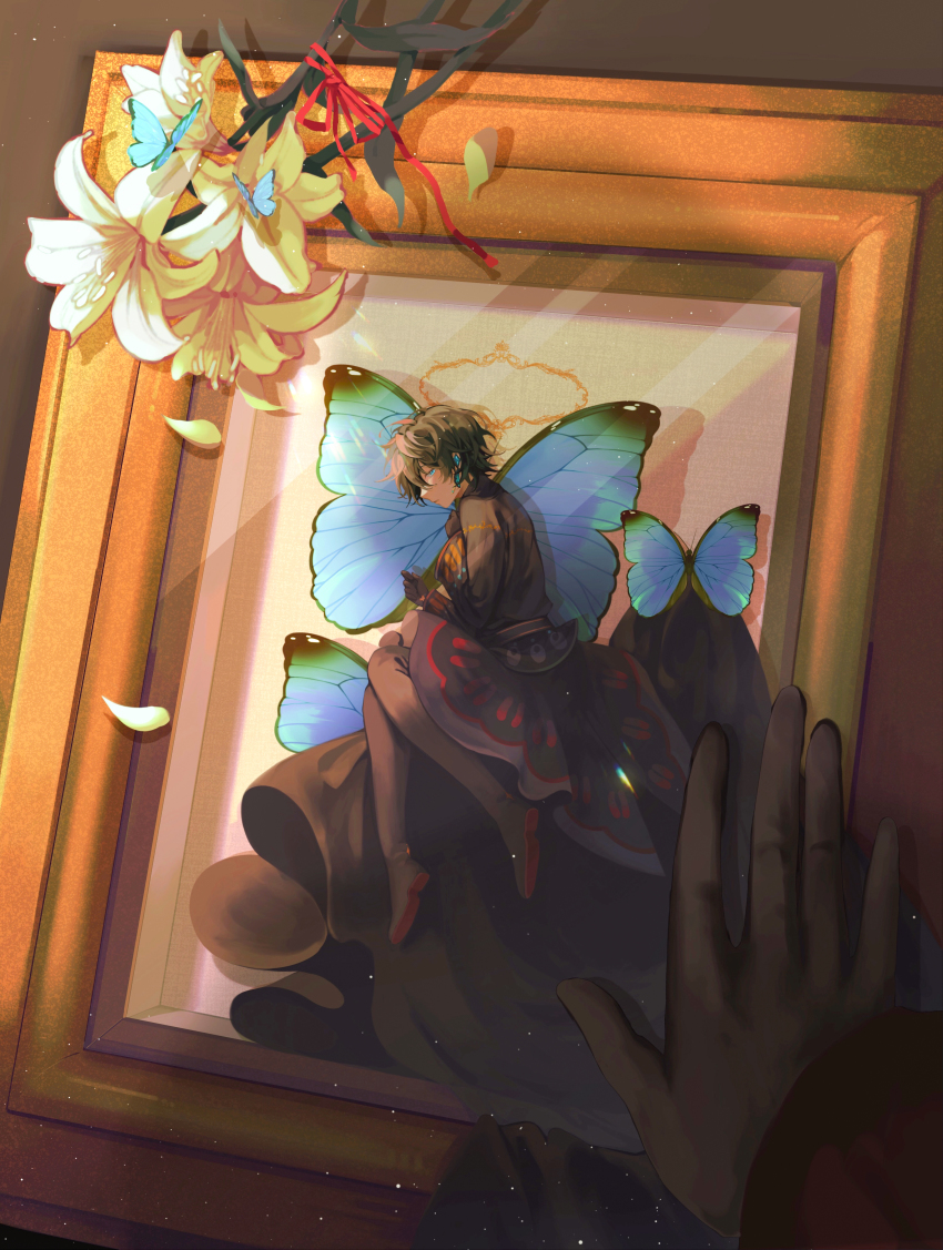 1boy, absurdres, black_footwear, black_gloves, black_pants, black_robe, blue_butterfly, blue_eyes, boots, bug, butterfly, earrings, ensemble_stars!, flower, framed_insect, gloves, highres, in_container, insect, insect_collection, jewelry, kagehira_mika, kekekkbk, light_particles, lily_(flower), long_sleeves, looking_at_viewer, lying, male_focus, mini_person, miniboy, on_side, out_of_frame, pants, petals, picture_frame, pov, pov_hands, profile, red_ribbon, ribbon, robe, sash, short_hair, sideways_glance, solo_focus, thigh_boots, waking_up, white_flower