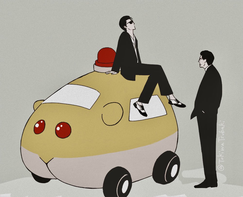 2boys, abunai_deka, black_footwear, black_jacket, formal_clothes, grey_background, hands_in_pockets, jacket, looking_at_another, looking_up, multiple_boys, ooshita_yuuji, parody, pui_pui_molcar, simple_background, suit, sunglasses, takayama_toshiki, tokiwatsubaki, wide_shot