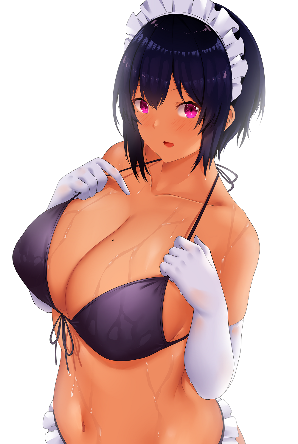 1girl, arind_yudha, bare_shoulders, bikini, black_bikini, breasts, cleavage, dark-skinned_female, dark_skin, elbow_gloves, frills, gloves, highres, large_breasts, lilith_(saikin_yatotta_maid_ga_ayashii), looking_at_viewer, maid_headdress, mole, mole_under_mouth, parted_lips, purple_eyes, purple_hair, saikin_yatotta_maid_ga_ayashii, short_hair, simple_background, smile, solo, swimsuit, water, wet, white_background, white_gloves, white_headwear