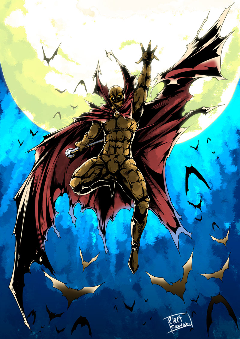 1boy, abs, bat_(animal), cane, cape, gold_skin, moon, ougon_bat