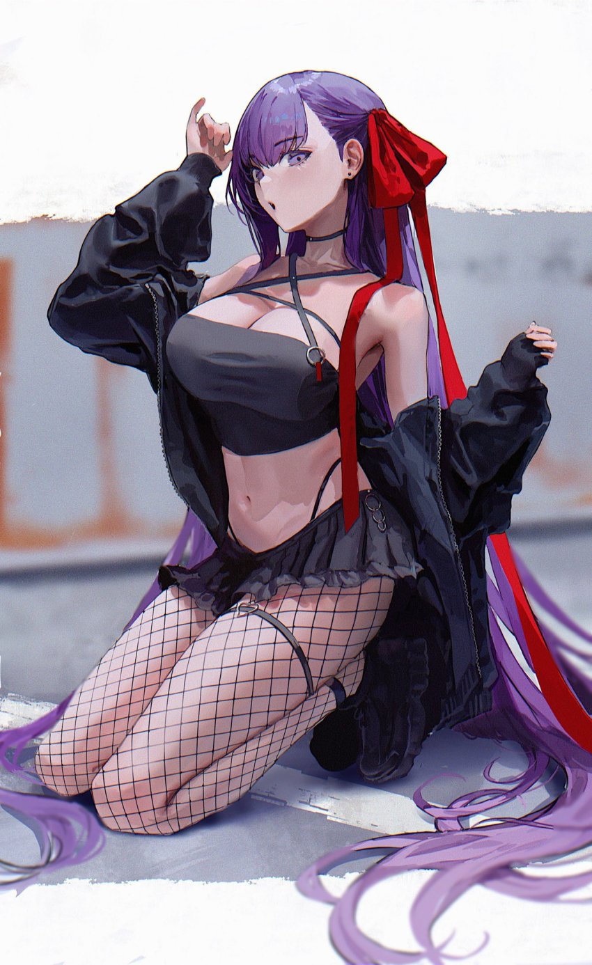 :o, alternate_costume, bare_shoulders, bb_(fate), black_jacket, black_shoes, black_skirt, breasts, choker, cleavage, commission, criss-cross_halter, earrings, fate/grand_order, fate_(series), fishnet_pantyhose, fishnets, full_body, hair_ribbon, halterneck, hands_up, highres, jacket, jewelry, kneeling, large_breasts, long_hair, long_sleeves, looking_at_viewer, midriff, miniskirt, navel, off_shoulder, open_mouth, pantyhose, purple_eyes, red_ribbon, ribbon, shoes, skeb_commission, skirt, sleeves_past_wrists, sneakers, strapless, stud_earrings, thigh_strap, thighs, tsukiiro, tube_top, very_long_hair