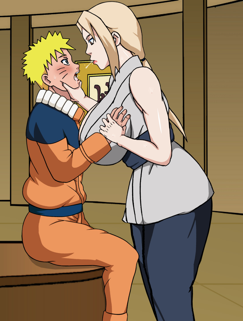 1boy, 1girl, absurdres, age_difference, blonde_hair, breasts, cleavage, dominatrix, femdom, hands_on_another's_face, highres, holding_another's_wrist, huge_breasts, large_breasts, naruho, naruto_(classic), naruto_(series), naruto_shippuuden, older_female_and_younger_male, ponytail, saliva, shota, size_difference, spit_in_mouth, tsunade_(naruto), uzumaki_naruto