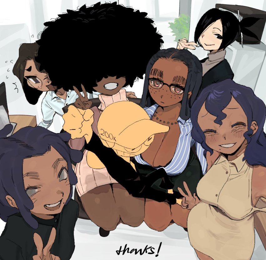 1boy, 6+girls, adri_(whoopsatro), afro, artist_self-insert, ava_(whoopsatro), black-framed_eyewear, character_request