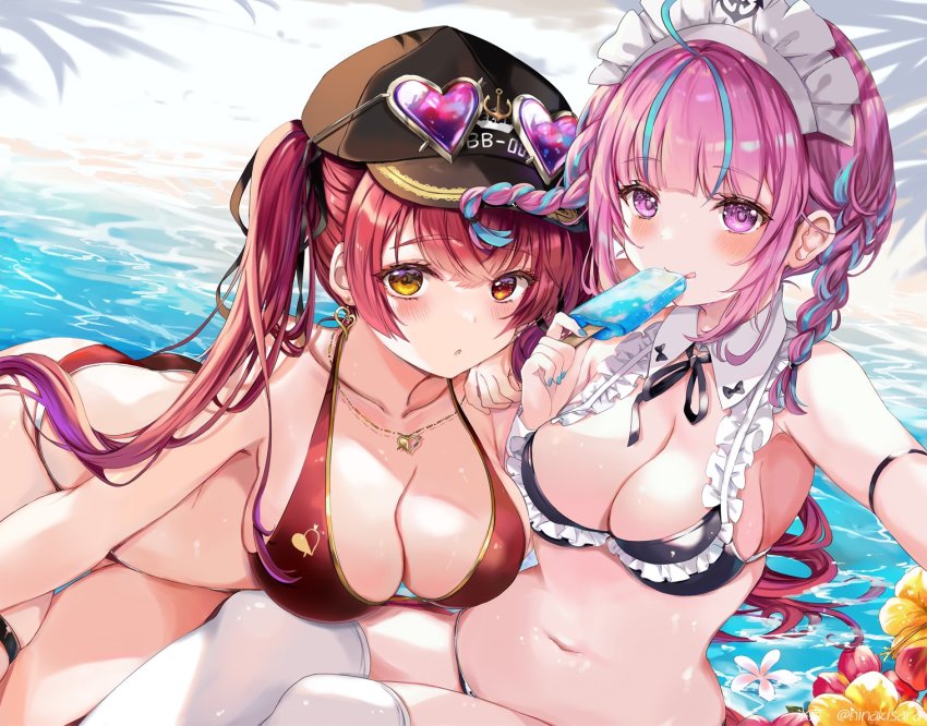 2girls, :q, armpits, ass, bare_shoulders, baseball_cap, bent_over, bikini