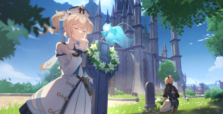 2girls, 3d_background, absurdres, barbara_(genshin_impact), belt, blue_sky, blurry, book, bow, building, capelet, castle, cleaning, closed_eyes, cloud, cloudy_sky, commentary_request, cross, depth_of_field, detached_collar, dress, from_behind, genshin_impact, graveyard, hair_between_eyes, hair_bow, hair_ribbon, hat, head_wreath, highres, interlocked_fingers, jean_(genshin_impact), kneeling, light_brown_hair, long_hair, long_sleeves, looking_away, multiple_girls, nurse_cap, pants, ponytail, praying, qingming_festival, ribbon, seelie_(genshin_impact), shixue_shaonu_lao, sidelocks, sky, skyline, strapless, strapless_dress, tombstone, twintails, vision_(genshin_impact), white_dress, white_pants, wind