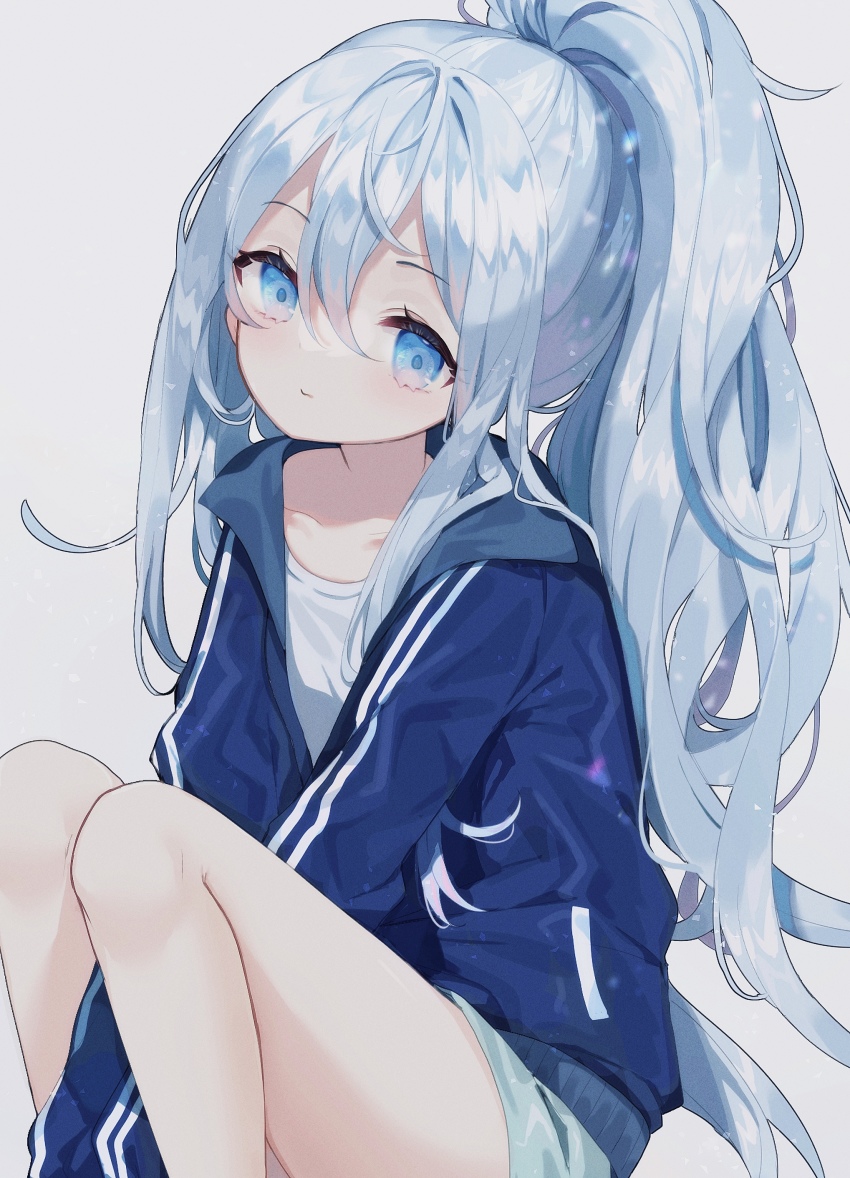 1girl, absurdres, arms_between_legs, blue_eyes, blue_hair, blue_jacket, expressionless, fuinagi_(huyuu_mm), grey_shorts, highres, jacket, long_hair, messy_hair, ponytail, project_sekai, shirt, shorts, solo, squatting, thighs, v_arms, very_long_hair, white_shirt, yoisaki_kanade