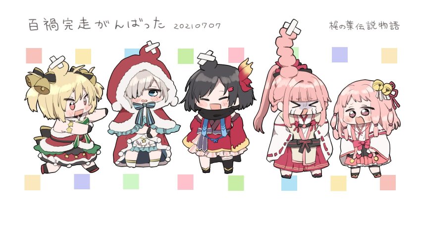 >_<, 5girls, :d, ahoge, armlet, asymmetrical_legwear, ayano_rika, ayano_rika_(christmas_ver.)