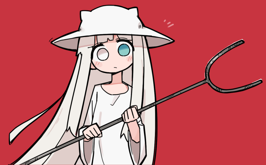 1girl, animal_hat, blue_eyes, cat_hat, fusazakura, grey_eyes, hat, helmet, heterochromia, holding, holding_stick, light_blush, long_hair, looking_at_viewer, man_catcher, pole, red_background, shimeji_simulation, shirt, solo, stick, the_gardener_(shimeji_simulation), very_long_hair, white_hair, white_hat, white_shirt