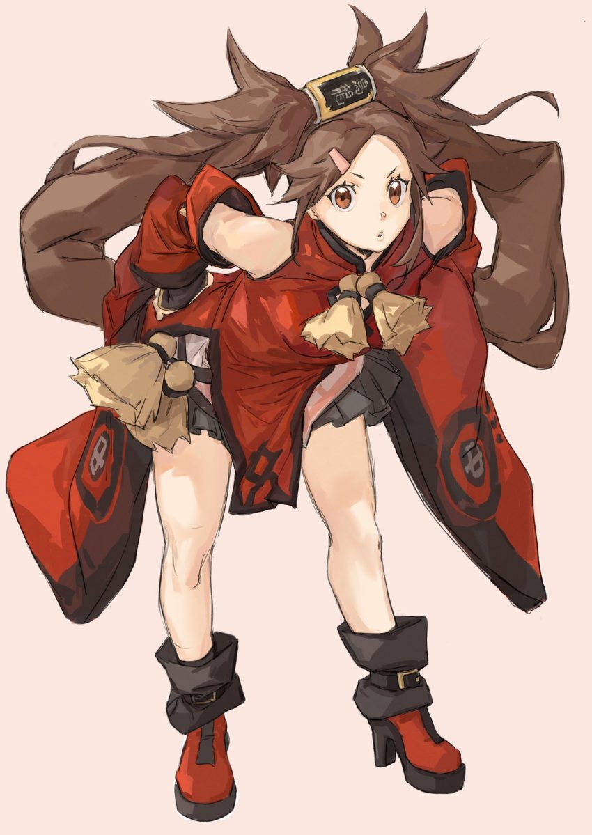 1girl, :o, amatuki, bare_legs, bare_shoulders, breasts, brown_eyes, brown_hair, china_dress, chinese_clothes, detached_sleeves, dress, full_body, guilty_gear, guilty_gear_xrd, hair_ornament, hairclip, high_heels, highres, kuradoberi_jam, leaning_forward, long_hair, looking_at_viewer, medium_breasts, open_mouth, ound, simple_background, skirt, solo, thighs, white_background, wide_sleeves