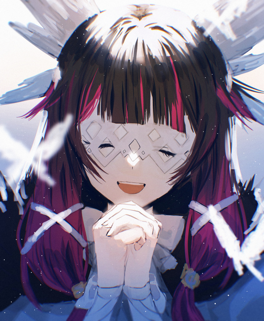 1girl, black_hair, blunt_bangs, bug, butterfly, closed_eyes, columbina_(genshin_impact), fatui_coat