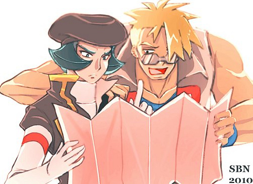 atilla_(pokemon), blonde_hair, gloves, green_hair, hat, lowres, map, nintendo