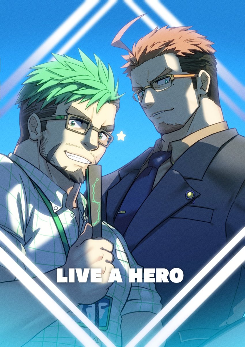 2boys, ahoge, bara, black_jacket, brown_hair, copyright_name, facial_hair, glasses