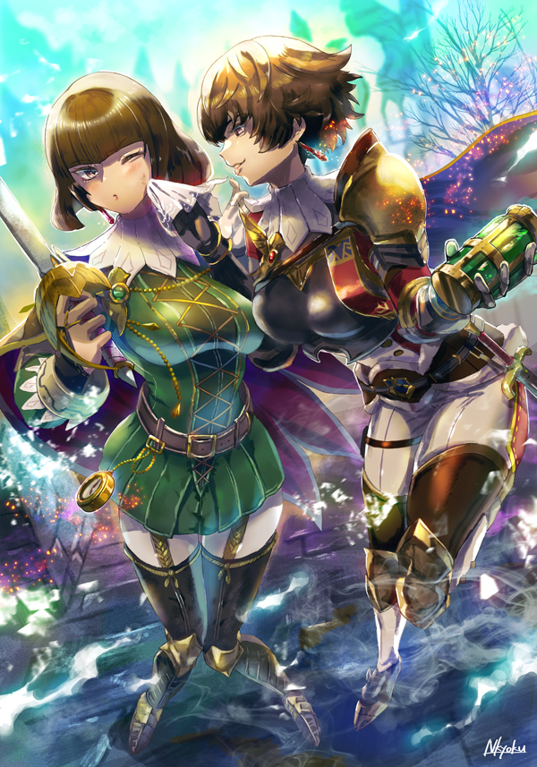 2girls, armor, ass, belt, blunt_bangs, blush, boobplate, breastplate