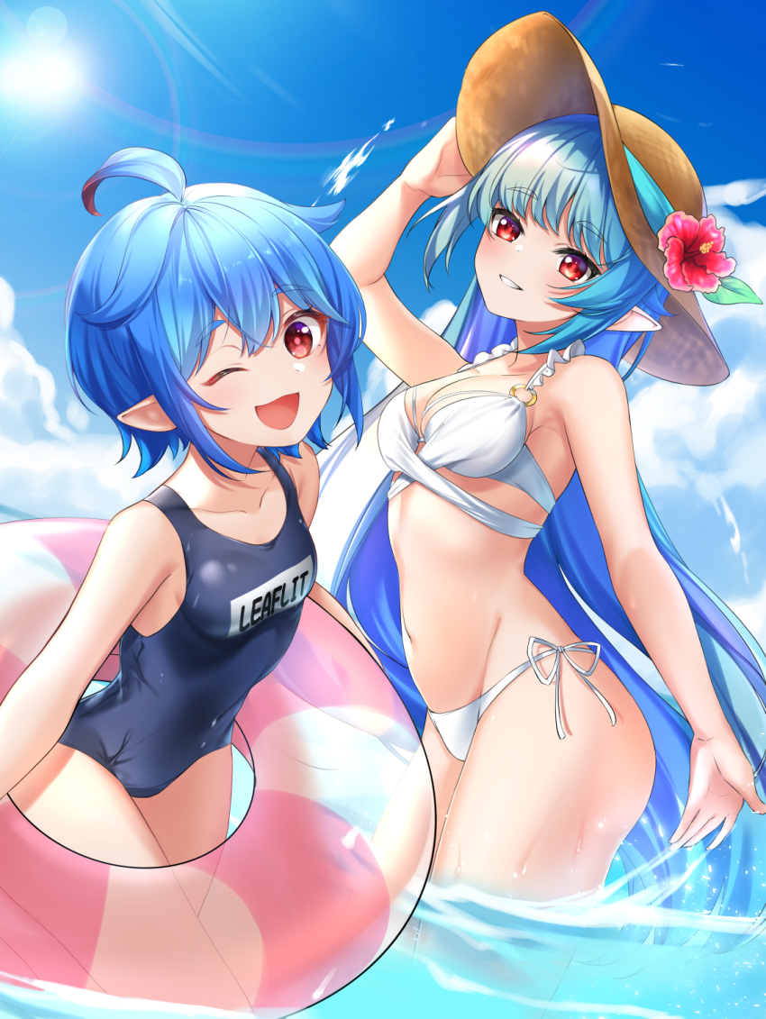 2girls, ;d, ahoge, arm_up, bare_arms, bare_shoulders, bikini, black_one-piece_swimsuit
