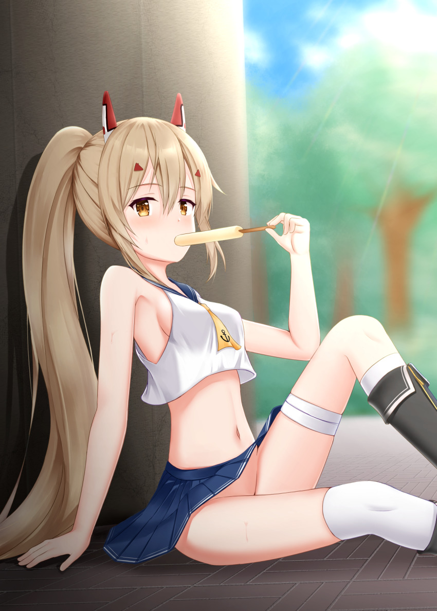 1girl, ayanami_(azur_lane), azur_lane, bandaged_leg, bandages, blurry, boots, commentary_request, commission, depth_of_field, food, food_in_mouth, groin, hair_between_eyes, hair_ornament, hairclip, headgear, highres, holding, knee_boots, knee_up, kuronuketaiyo, light_brown_hair, long_hair, looking_at_viewer, navel, no_panties, pleated_skirt, ponytail, popsicle, popsicle_in_mouth, school_uniform, serafuku, sidelocks, sitting, skeb_commission, skirt, sleeveless, solo, stomach, yellow_eyes